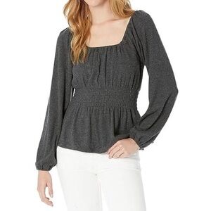 Madewell Plush Square-Neck Smocked Long Sleeve Peasant Top in Gray Medium $79